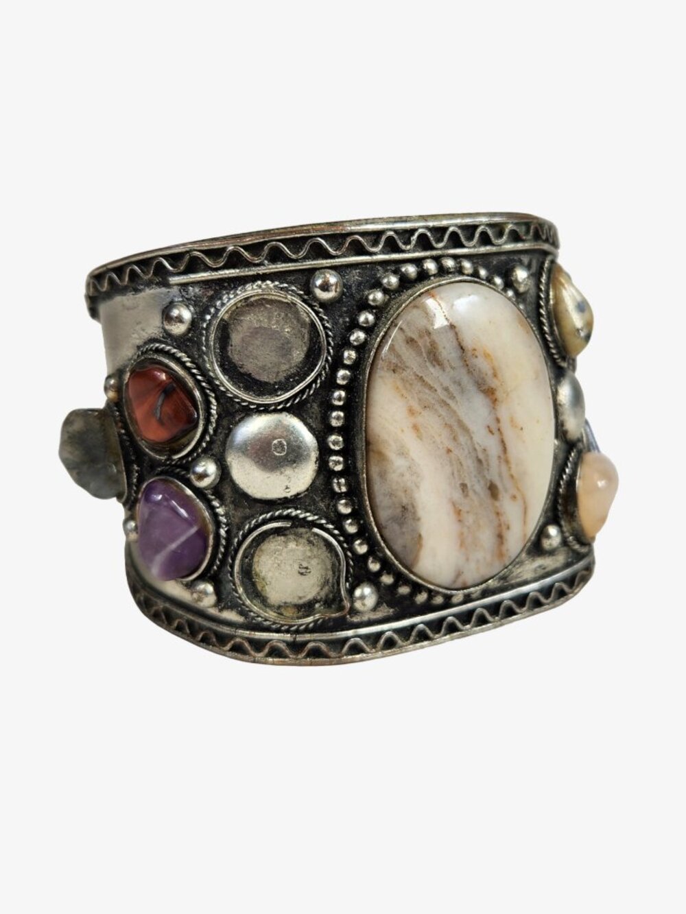 Vintage Cuff Bracelet, Silver Tone, Inlaid Stones, Wide, 4 Missing Stones